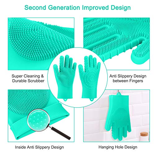 Pccooler Dishwashing Scrub Gloves | 2019 Upgrade Version 2-Sided Multi-Function Cleaning Gloves, Reusable Silicone Sponge Dish Scrubber for Kitchen, Bathroom, Car Wash, Household, Pet Hair