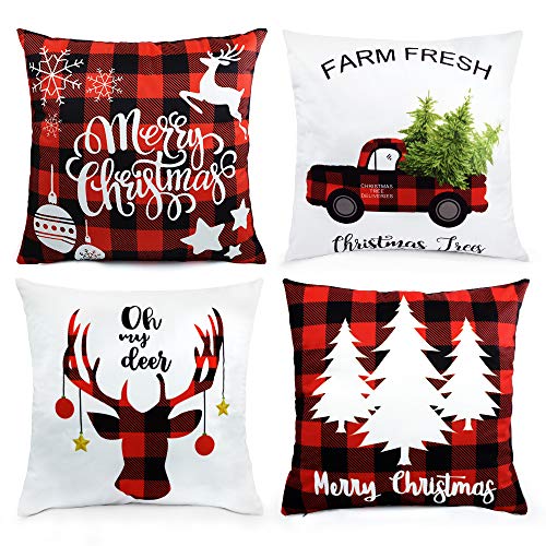 UMIKU Christmas Pillow Covers 18x18 Inch Set of 4 Christmas Decorations Soft Farmhouse Decorative Throw Pillow Covers Buffalo Plaid Couch Pillow Covers Cushion Cover Cases for Home Decor Xmas Gifts