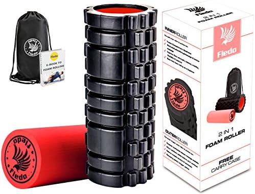 Fledo 2-in-1 Foam Roller. Trigger Point massage for Painful, Tight muscles + Smooth Rollers for Rehabilitation! FREE USER E-BOOK + FREE CARRY CASE! Black &amp; Red