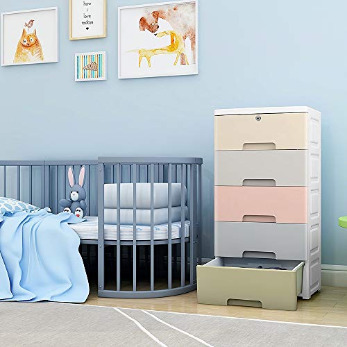 Nafenai Movable Storage Cabinet,Home Furniture Organizer Colorful 5 Drawer Storage Cart with Lock,Bedroom Dresser Storage,16.5" L x 11.8" W x 32.2" H,Suitable for Kids'room
