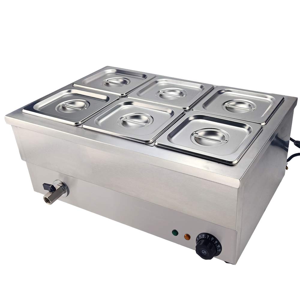 Electric Food Warmer Stainless Steel Bain Marie Buffet Warmer 1500W, Temperature Range 30-110 °C, GN 1/6 Containers with Covers