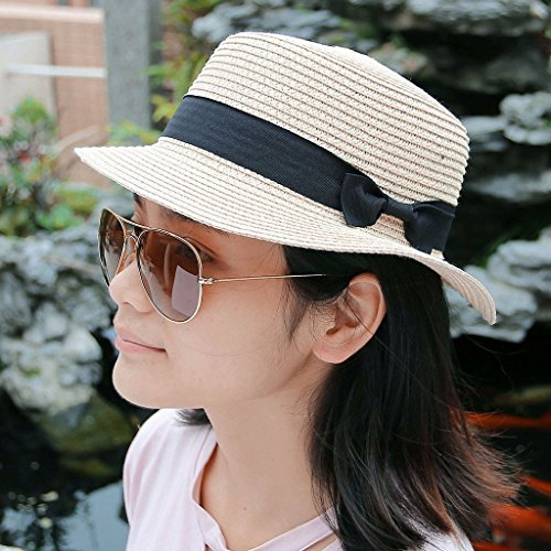 Ayliss Women Summer Short Brim Straw Fedora Hat with Bow-tie Band,Light Khaki