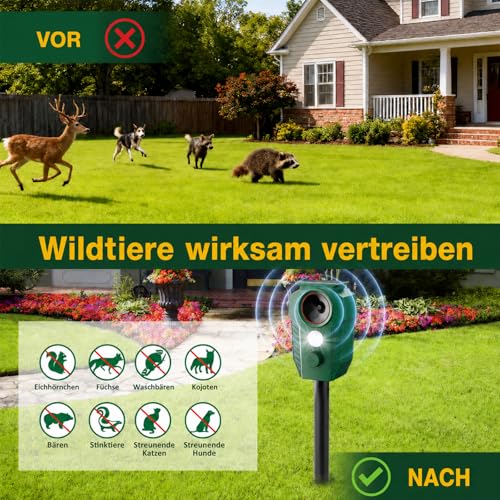 MEKEET Ultrasonic Cat Deterrent for Garden, Solar Cat Repellent, Marten Deterrent, Garden with Flash Light & PIR, IP65 Waterproof, Cat Scarer, Marten Repellent, Bird Repellent for G-Species, Patio