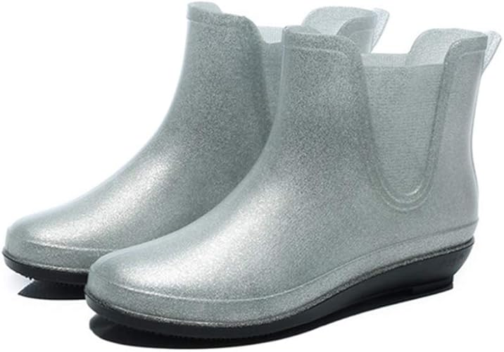 Amazon Sejuc レインシューズ レディース 24 0cm オシャレ ショート 梅雨対応 長靴 レインブーツ 防水シューズ ミドルブーツ キラキラ デザイン 美脚 アンクルブーツ 撥水加工 ラウンドトゥ 大きいサイズ シルバー 幅広 滑り止め 歩きやすい 台風対応 Sejuc