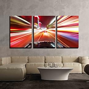 3 Piece Canvas Wall Art - Night Traffic,Shoot from The Window of Rush Car,Motion Blur Steet Light - Modern Home Art Stretched and Framed Ready to Hang - 16"x24"x3 Panels