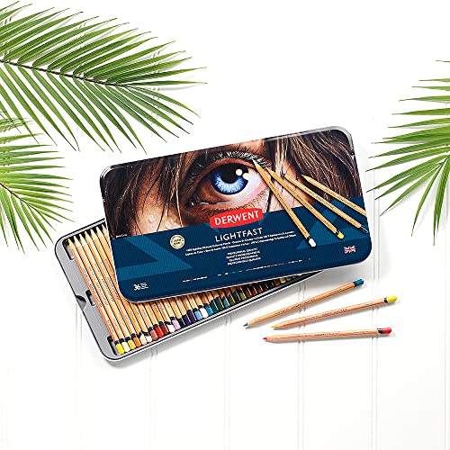 Derwent Lightfast Colored Pencils 36 Tin, Set of 36, 4mm Wide Core, 100
