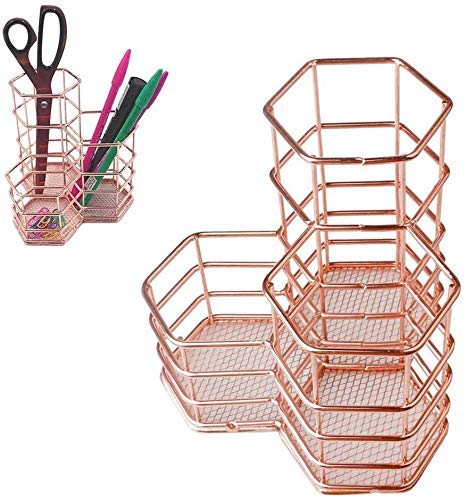 Metal Pen Pot,BETOY Pen Holder Fashion Openwork Round Iron Art Writing Tool Holder Desk Organiser Pen Holder Organiser Makeup Brush Holder Rose Gold