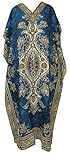 RiSi Women's Floral Print Pretty Kaftan, V-Neck Kimono Long Caftan Dress, One Size / Free Size Teal Blue
