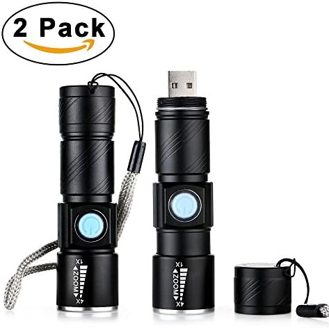 350 Lumen Ultra Bright USB Flashlight Tactical Flashlight Light with 3 Modes &amp; Zoom Function Torch (2Pack) (Black)