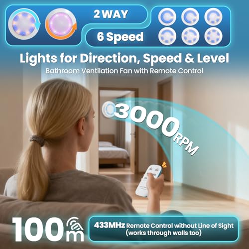 Air Extractor Fan 100mm, 3000rpm 220m³/h, VMC 2 Way 6 Speeds with Indication Light+Remote Control, Powerful Air Flow 2W DC Motor Easy Install Bathroom Wash GarageP106E2