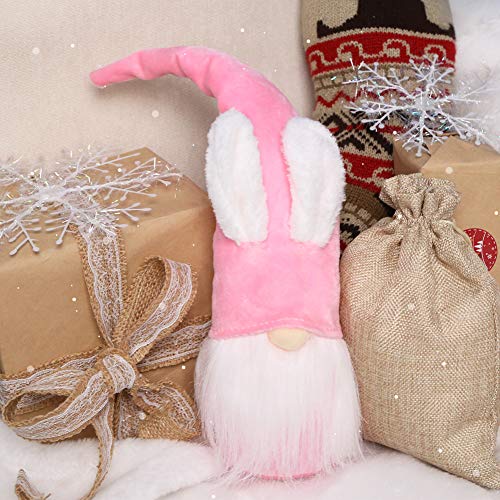 1Tomte Swedish Plush Santa Gnome, Pink Bunny Gnome Handmade Scandinavian Tomte Santa Scandinavian Gnome for Christmas Santa Decoration Table Decor
