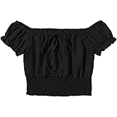 Floerns Women's Off The Shoulder Tie Neck Blouse Shirred Crop Top