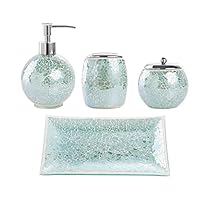 Whole Housewares Bathroom Accessories Set, 4-Piece Glass Mosaic Bath Accessory Completes with Lotion Dispenser/Soap Pump, Cotton Jar, Vanity Tray, Toothbrush Holder (Turquoise)