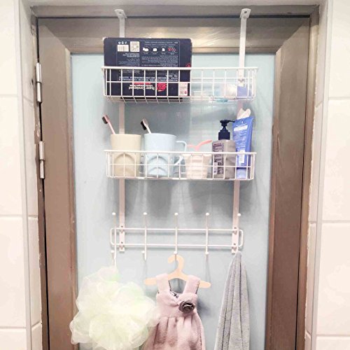 Wittywares Over The Door Hook Hanger Three Tiers with 10 Hooks and Mesh Basket Adjustable Storage Rack Wall Hook for Coats Hats Robes Towels