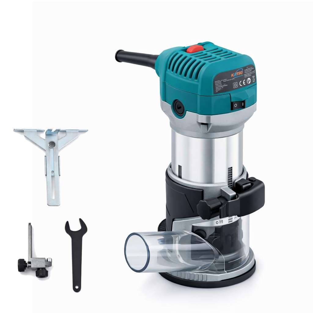 KATSU Compact Electric Palm Router 710W, Variable Speed Wood Trimmer with 1/4” & 3/8” Collets for Wood, MDF and Laminate, 220–240V