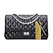 SanMario Designer Handbag Lambskin Classic Quilted Grained Double Flap Black Metal Chain Women's Crossbody Shoulder Bag Black 25.5cm/10