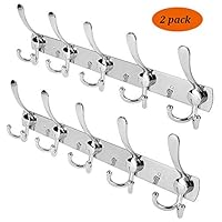 JOSHNESE Wall Mount Coat Hooks,5 Tri Hooks Heavy Duty Stainless Steel Hook Rail for Coat Hat Towel Robes Mudroom Bathroom Entryway（2 Pack,Silver