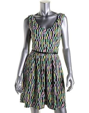 Petite Sleeveless Printed Fit and Flare Belted Dress