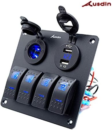 Switch Panel,Ausdin 4 Gang Switch Panel Led Light Bar Panel Car Switch Panel Console Aluminum Waterproof Design 4.2A USB Dual Outlet 12-24V Voltmeter Cigarette Lighter 14 Gauge Wiring Harness