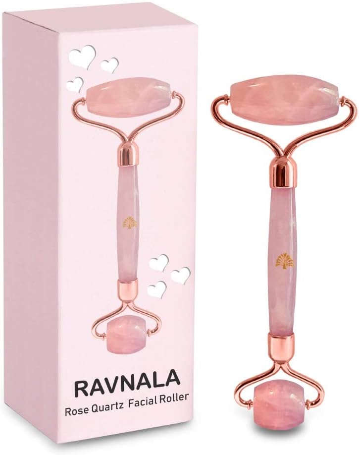RAVNALA Authentic Rose Quartz Facial Roller, Jade Roller, Natural crystal tool, Healing Massage, Tool and Sculpting Roller, De-Puffing Roller, Anti-aging Tool for tightening and Face Lifting