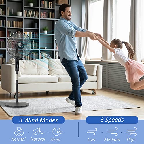 HOMCOM 16-Inch Pedestal Fan, Standing Fan with Adjustable Height, 3 Speeds, 85° Oscillation, LED Control Panel, Remote, 15H Timer for Living Room Bedroom Office, Black