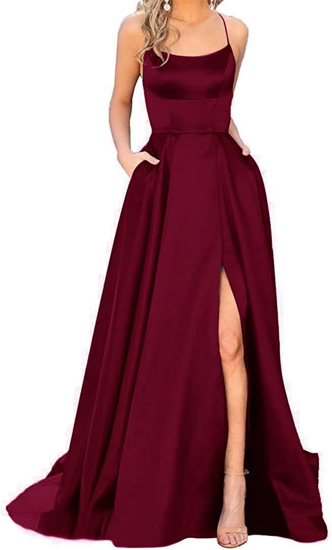 Women's Prom Dresses Long Satin A-Line Spaghetti Evening Party Dress with Pockets 2020 PM10