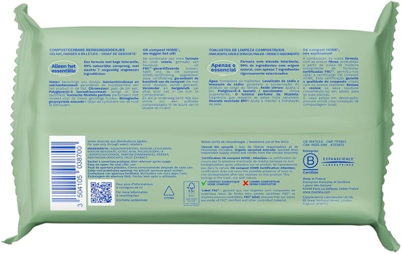 Toalhitas higiénicas perfumadas compostáveis, fibras Lyocell 100% de origem vegetal, corpo e maquilhagem, bebé e família - 99,5% ingredientes de origem natural (60 unidades)