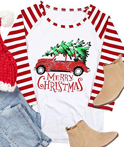 KIDDAD Womens Merry Christmas Funny T-Shirt Xmas Car Tree Graphic Stripe Splicing 3/4 Sleeve Raglan Tops...