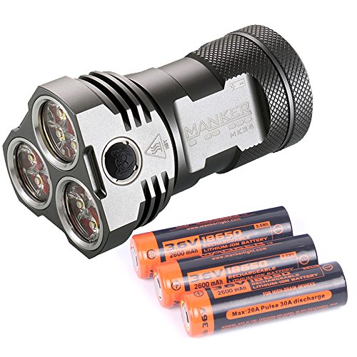 Bundle: MANKER MK34 8000 Lumens CREE XP-G3 LED Flashlight + 3x MANKER High Drain 2600mAh Rechargeable 18650 Batteries