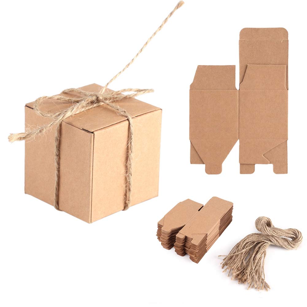50PCS 1.97 x 1.97 x 1.97 Inch Gift Boxes with Hemp Rope Brown Kraft Paper Box for Wedding Candy Chocolate Gift Party Supply