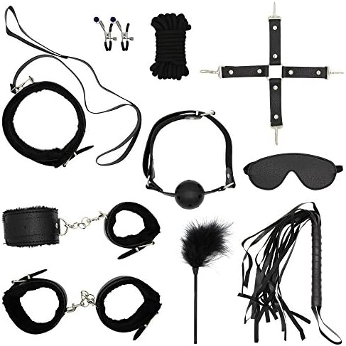 FantasyAttics® Cosplay Party Set - 10 Pcs Kit with Blindfold Eye Mask, Collar, Hand Cuffs, Ankle Cuffs and Rope (Black)