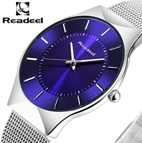 READEEL Men's Business Analog Watch, Business Casual Quartz Watch Luxury Stainless Steel Mesh Strap Ultra Thin Waterproof Clock and Sapphire Glass(Blue)