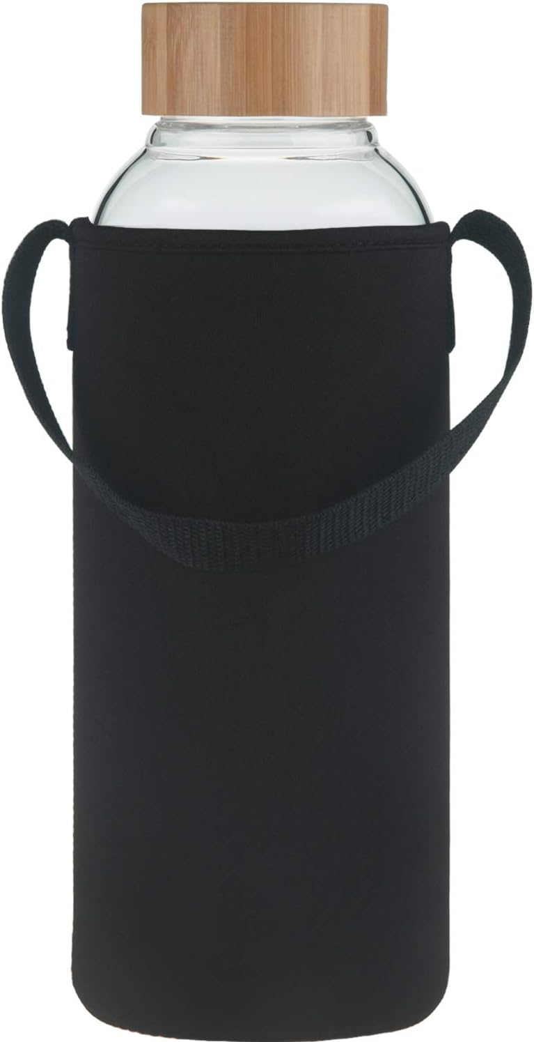 Ferexer 48 oz Sports Borosilicate Glass Water Bottle with Bamboo Lid with Neoprene Sleeve