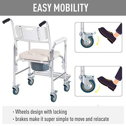 3 in 1 Shower Commode Wheelchair, Transport Beside Commode Chair