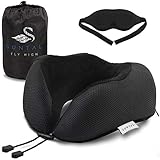 SunTal Ultimate Comfort Travel Pillow + Eye Mask – Prevent Neck Pain – Memory Foam Pillow Perfect for Airplane, Train, Bus, & Car Travel – Full 360 Head & Neck Support (Black)