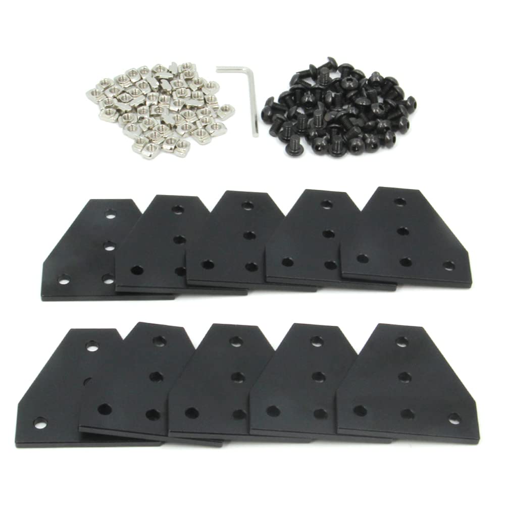Befenybay 10PCS/Set Black T Corner Bracket Plate with 50PCS M5x8mm Screws and 50PCS M5 T Nuts for 2020 Series Aluminum Profile 3D Printer Frame โ image 1