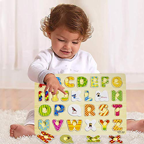 Kids Wooden Alphabet ABC, Numbers 123 and Shapes Learning Puzzles Board, 3 Puzzle Set Preschool Educational Peg Puzzles Montessori Toy for 1 2 3 Year Olds Toddlers Baby Girls Boys