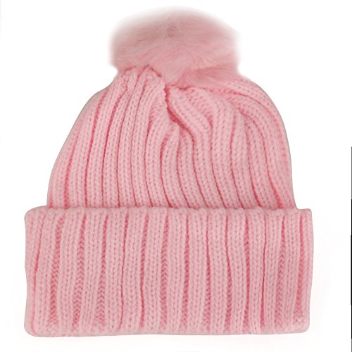 Kid's Ribbed Knit Cuff Beanie with Fur Pom Pom - PINK