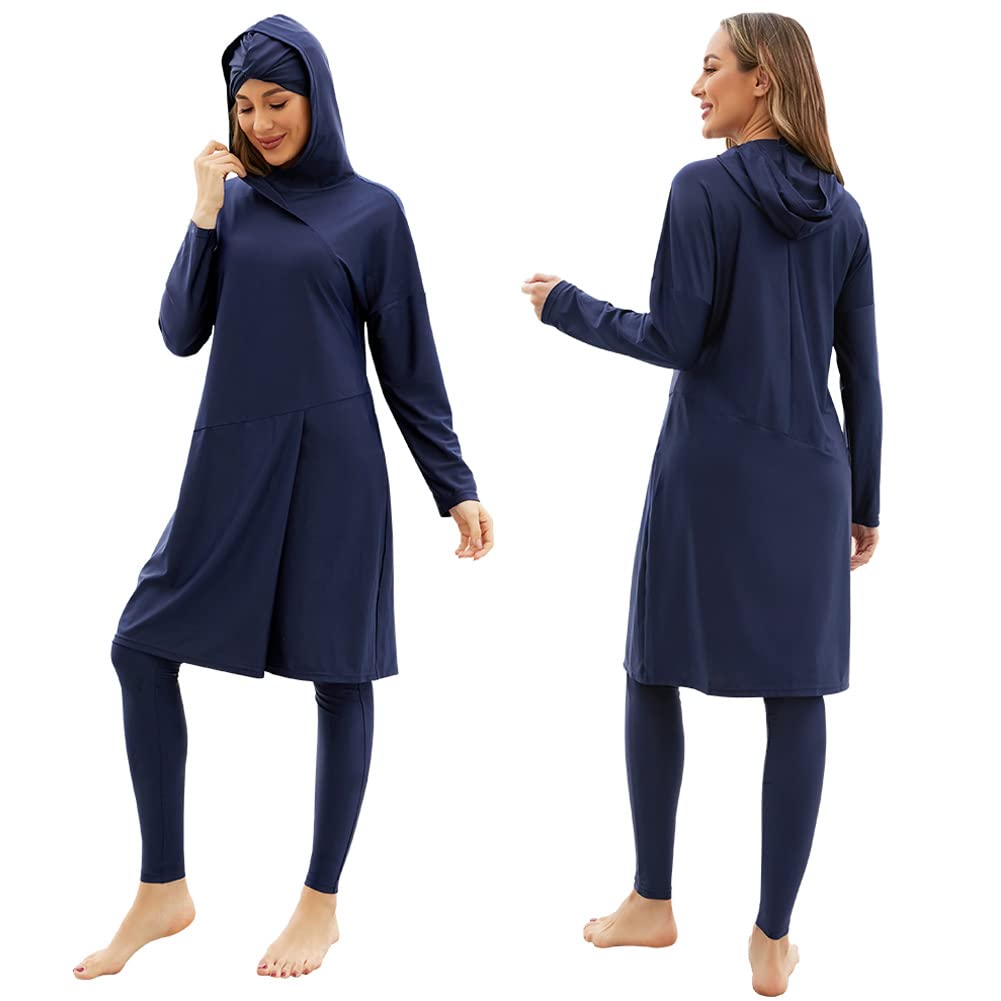 Photo 1 of Muslim Swimsuits for Women Hijab Modest Islamic Arabic Swimwear Burkini Swimming Muslim Dress Top Pants Rash Guard 3 PCS Swim Bathing Suits Traje De Baño Musulmán para Mujer Dark Blue XL