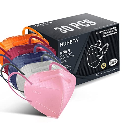 HUHETA KN95 Face Mask, 30 Pack Individually Wrapped, 5Ply Breathable