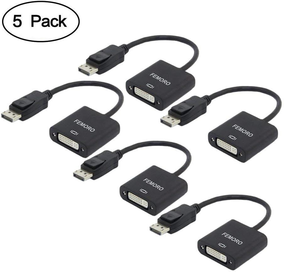 FEMORODisplayPort to DVI Adapter 5-Pack, Display Port DP to DVI-I Adapter 1080P for All DP Port Computer, Laptop, Desktop - Black