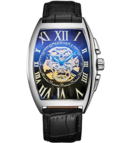 SEWOR Mens Automatic Business Dress Tonneau Skull Skeleton Wrist Watch Mechanical Self Wind (Black)