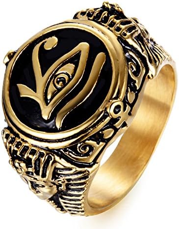 JINSHIYINYU Men Black Golden Stainless Steel Egypt Eye of Horus Symbol of Protection Ring Round Signet