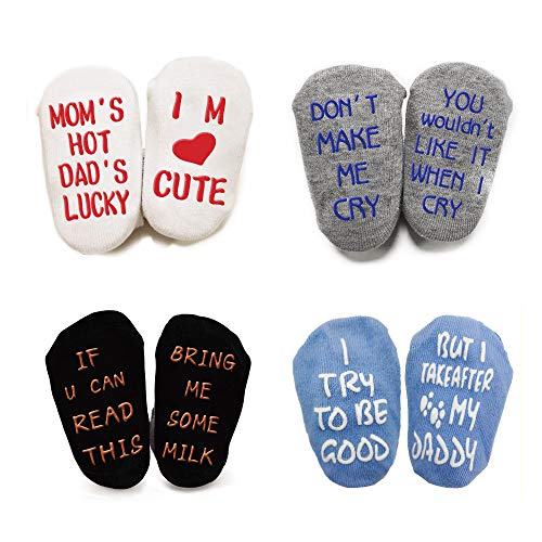 Baby Socks Unique Baby Shower Gifts Newborn Present Anti-slip Cool and Funny Quote 4 Pairs for 0-12 Month