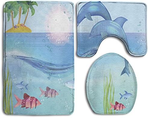 Beautiful Marine Life 3-Piece Soft Bath Rug Set Includes Bathroom Mat Contour Rug Lid Toilet Cover Home Decorative Doormat