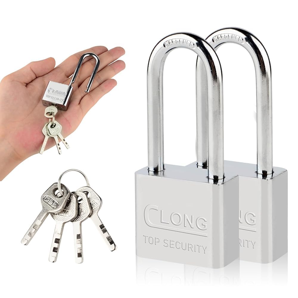 2 Pack Heavy Duty Steel Long Shackle Padlocks, Outdoor Waterproof Steel Safe Padlock with 4 Keys for Shed, Warehouse, Fence, Office, Garage, Garden, Gym Locker (50mm)