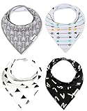 Baby Bandana Drool Bibs with Snaps For Boys & Girls Drooling and Teething, Unisex Set of 4 Absorbent Cotton Baby Gift Dribble Bibs By CAMIRUS (Black/White/Gray)