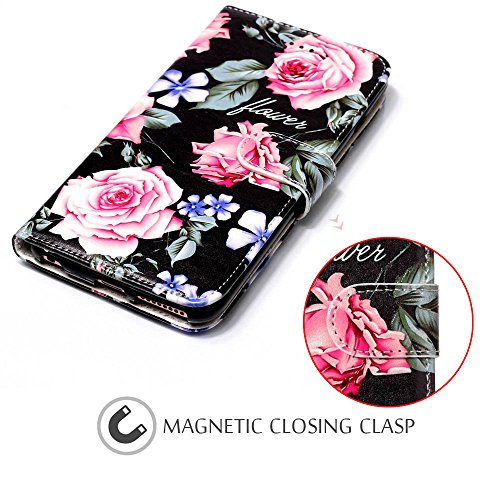 JanCalm iPhone 6/6s Wallet Case [Kickstand Feature] [Card Slots/Side Pocket] [Wrist strap] PU Leather Wallet Magnetic Flip Cell Phone Case Cover for iPhone 6/6S + Crystal pen (Black/Flower) - Thumbnail 5