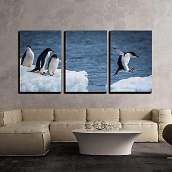 wall26 - 3 Piece Canvas Wall Art - Adelie Penguin Jumping Between Two Ice Floes - Modern Home Decor Stretched and Framed Ready to Hang - 16