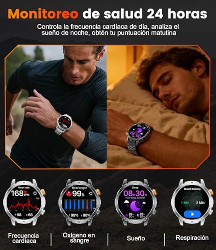 HIRREO EF24 Smartwatch Hombre-Linterna LED, Batería 1000mAh Larga Duración, Pantalla HD 1,85", 100 Modos Deportivos, IP68 Impermeable, Llamadas Bluetooth, 3 Correas, Compatible Android iOS, Negro